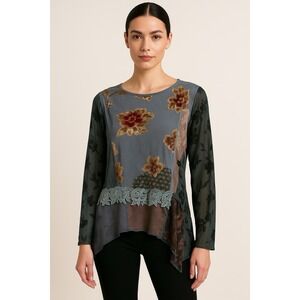 Spencer Alexis Womens Blouse 12 Boho  Vintage Patchwork Floral Lace Velvet Top
